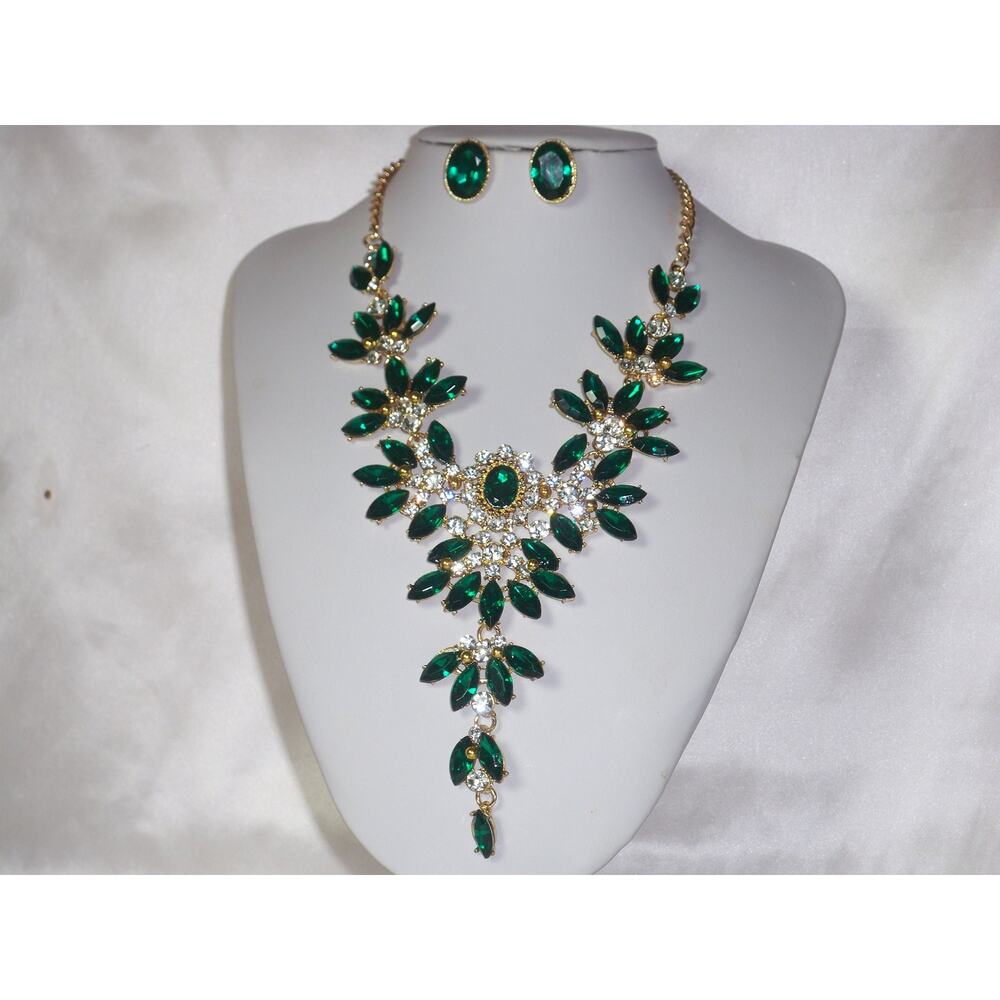Green rhinestone statement necklace set wedding bridal prom  drag queen necklace
